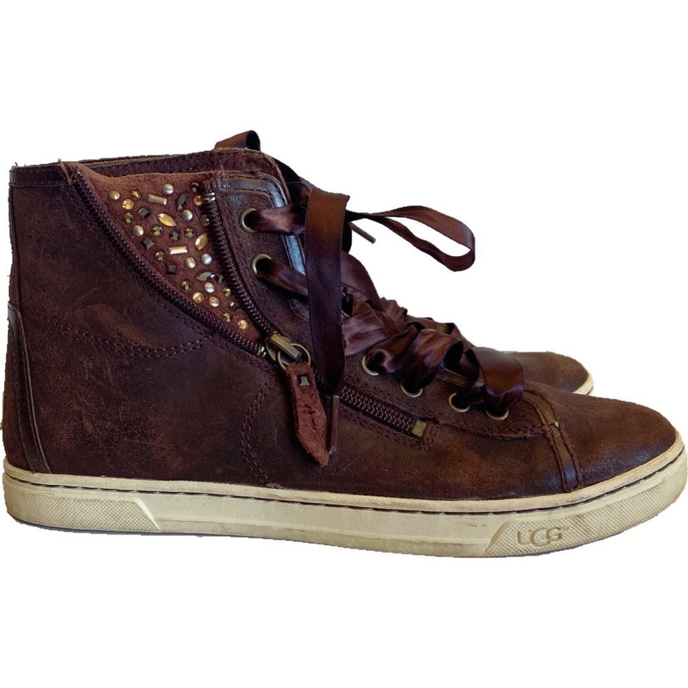 UGG Blaney Crystals Brown Leather Ankle Booties Fashion Sneakers Shoes Sz 7.5